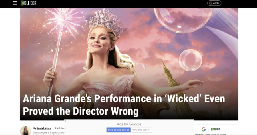 Collider article screenshot: “Ariana Grande’s Performance in ‘Wicked’ Even Proved the Director Wrong”, with Ariana Grande as Glinda in a pink gown and crown
