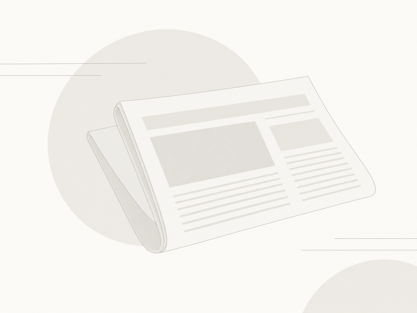 Minimalist illustration of a folded newspaper with headline and column blocks, set against soft circular shapes