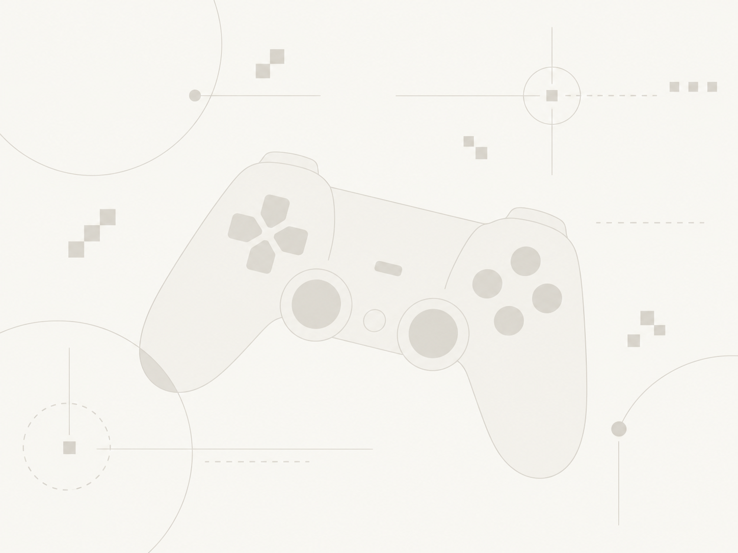 Minimalist illustration of a game controller surrounded by pixel and crosshair motifs