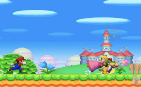 Screenshot from Super Mario Bros.: Bowser Jr. runs off carrying Princess Peach over his shoulder while Mario chases across a grassy level, Peach’s castle in the background.