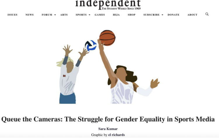 The Harvard Independent masthead above an illustration of two faceless women athletes, one reaching for a volleyball and one for a basketball, under the headline “Queue the Cameras: The Struggle for Gender Equality in Sports Media”