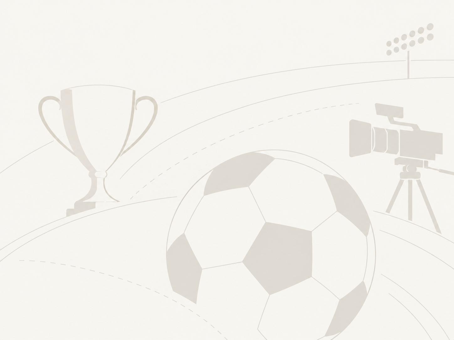 Minimalist illustration of a trophy, a soccer ball, and a broadcast camera on a playing field