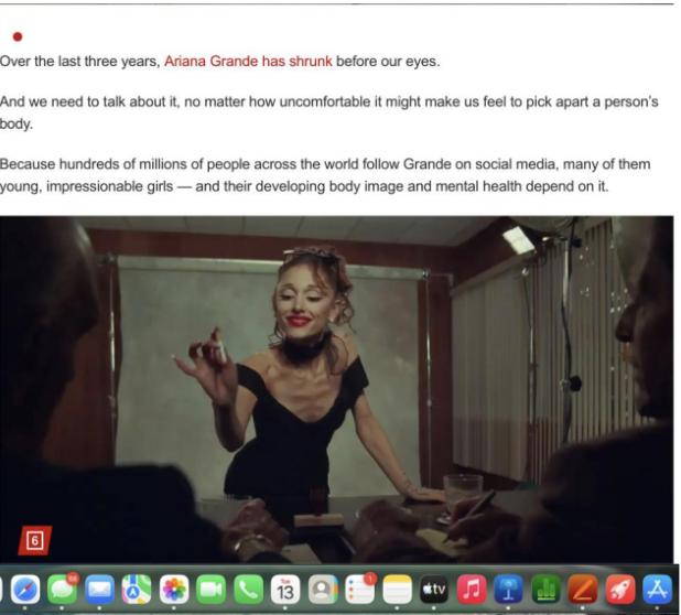 New York Post article screenshot about Ariana Grande’s weight, opening with “Over the last three years, Ariana Grande has shrunk before our eyes.” above a still from her “yes, and?” music video