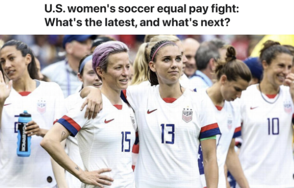 ESPN headline card: “U.S. women’s soccer equal pay fight: What’s the latest, and what’s next?” above a photo of USWNT players including Megan Rapinoe and Alex Morgan in white jerseys