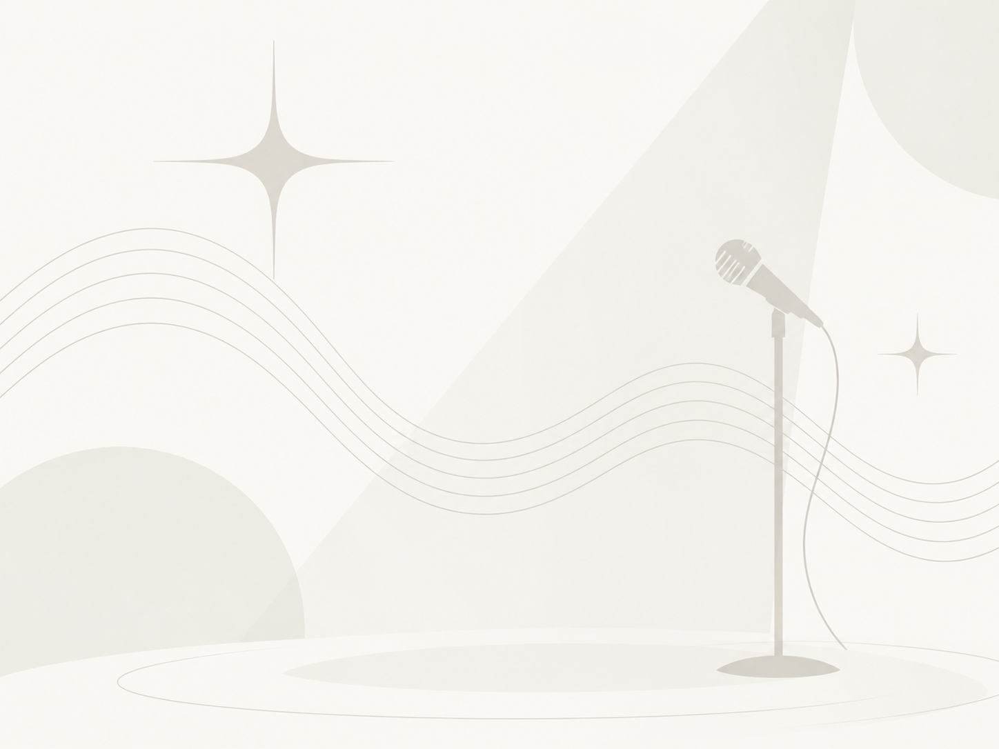 Minimalist illustration of a microphone on a stand under a spotlight, with flowing sound waves and sparkles