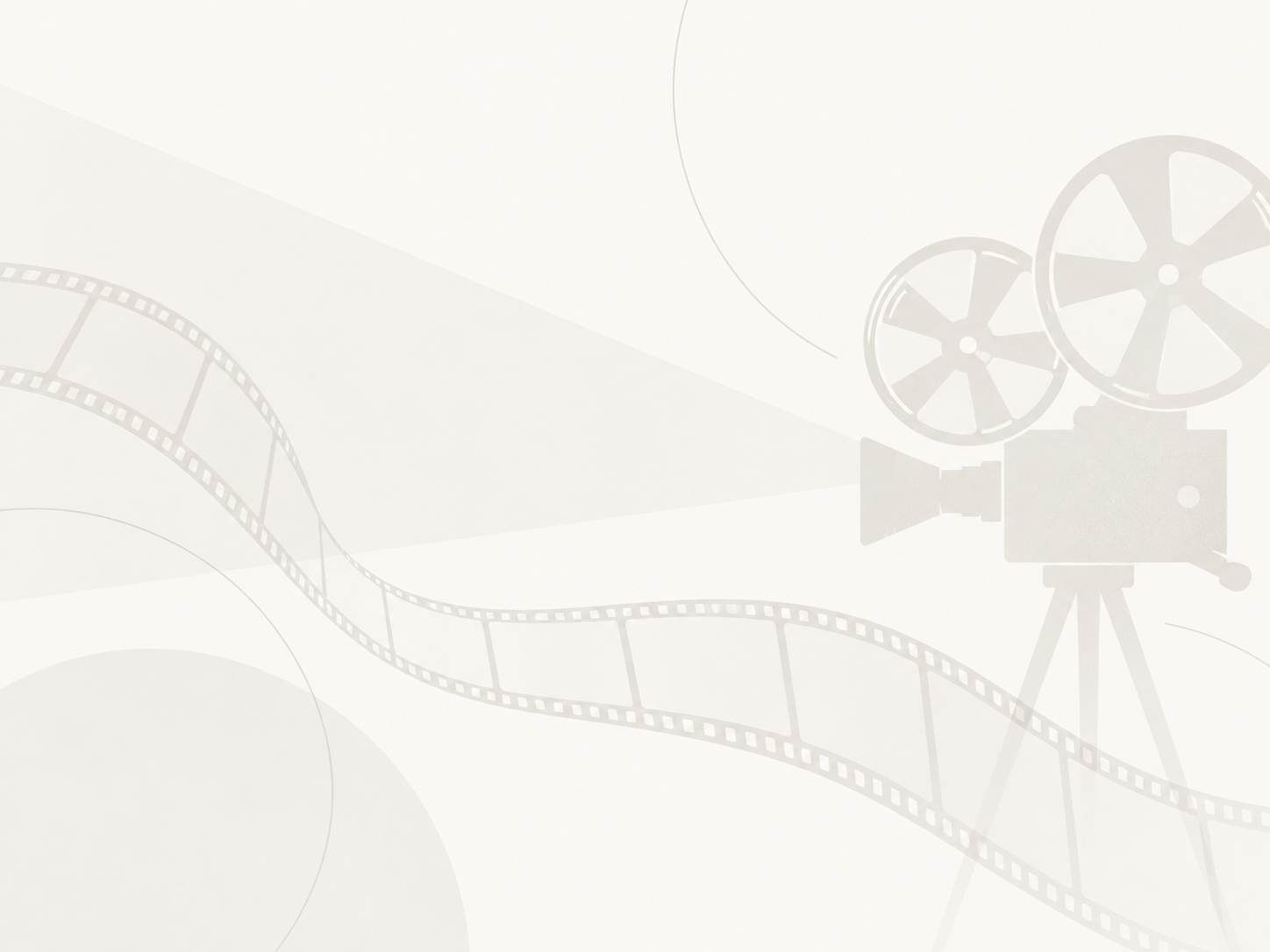 Minimalist illustration of a vintage film projector on a tripod casting a beam of light across a length of 35mm filmstrip